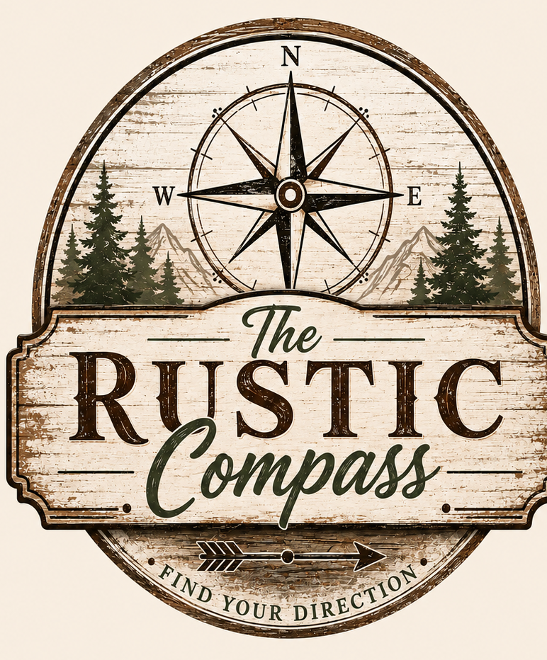 The Rustic Compass badge logo — compass rose over pines and mountains